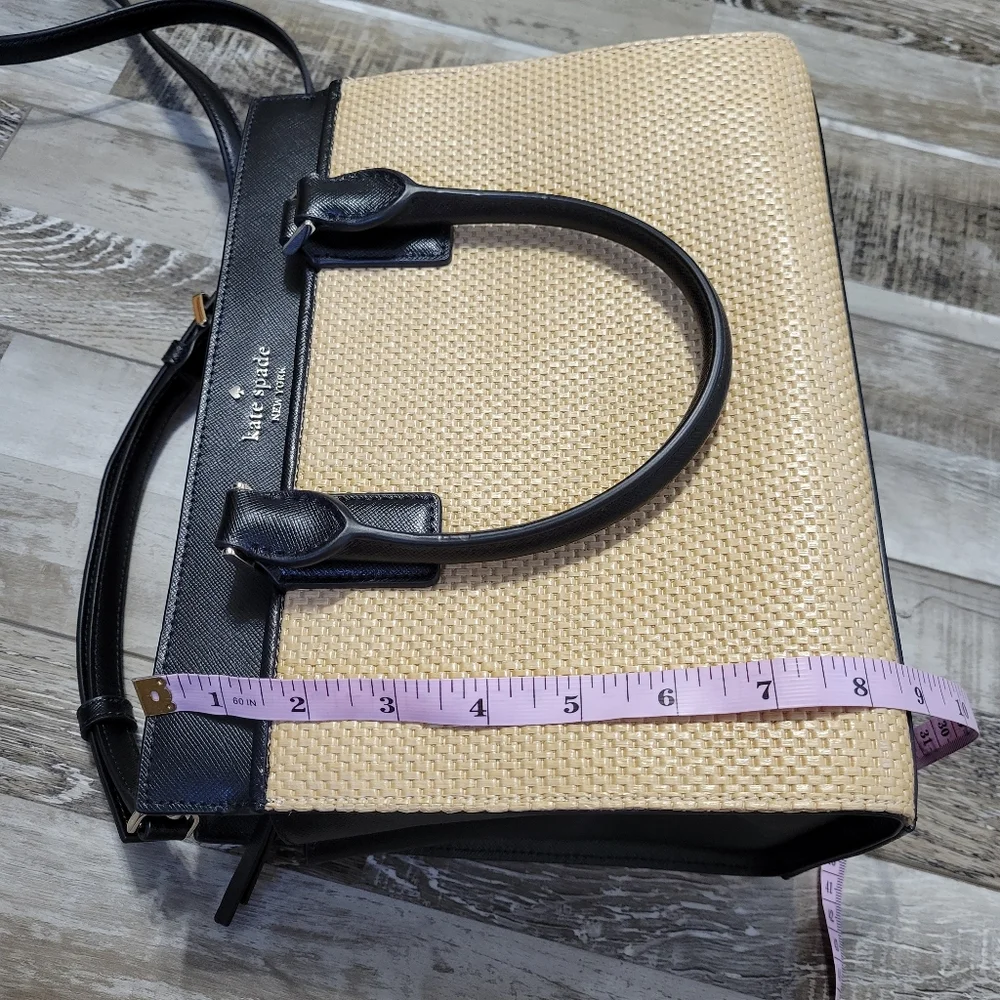 Kate Spade Cameron Black Leather and Woven Straw Medium Satchel